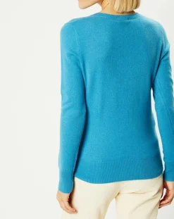 Galeries Lafayette Pulls|Pull 100% Cachemire Yocon col V bleu moyen