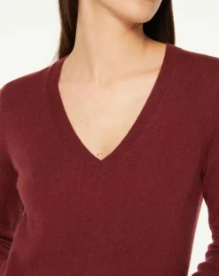 Galeries Lafayette Pulls|Pull 100% Cachemire Yocon col V rouge foncé