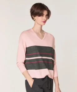 Rodier Pulls|Pull Adélie 100% Laine col V rayures rose perle
