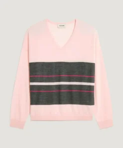 Rodier Pulls|Pull Adélie 100% Laine col V rayures rose perle