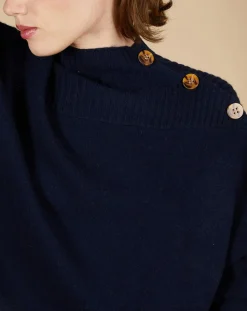 Cashmere Tribu Pulls|Pull ample 100% Cachemire Sandy col montant à bouton bleu nuit