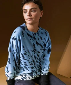 Rodier Pulls|Pull Anémone 100% Cachemire imprimé léopard bleu azur