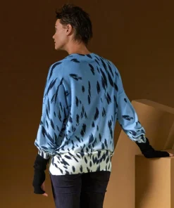 Rodier Pulls|Pull Anémone 100% Cachemire imprimé léopard bleu azur