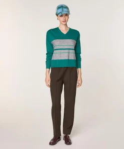 Rodier Pulls|Pull Anne-Élodie 100% Laine col V rayures vert canard