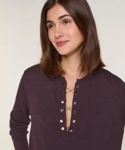 Rodier Pulls|Pull Aymone 100% Laine chaine col V marron foncé