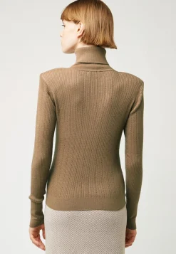 Rodier Pulls|Pull Chantal-Marie col roulé motifs épaules marron camel