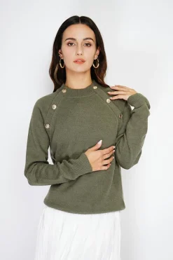C&Jo Pulls|Pull en Cachemire mélangé boutons fantaisie kaki