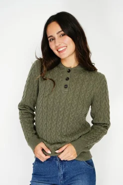 C&Jo Pulls|Pull en Cachemire mélangé col boutonné kaki