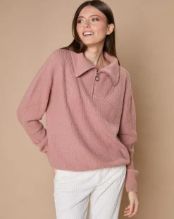 Oscar et Louise Pulls|Pull en Laine & Cachemire mélangés Maia 1/2 zip vieux rose