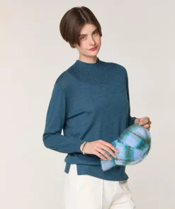 Rodier Pulls|Pull Marie-Angèle 100% laine col montant Cotelé bleu denim