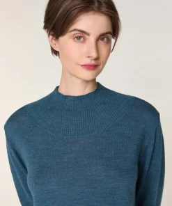 Rodier Pulls|Pull Marie-Angèle 100% laine col montant Cotelé bleu denim