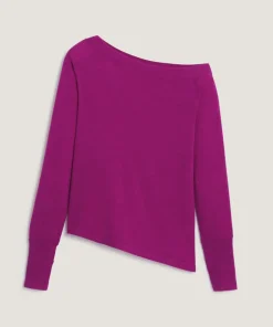 Rodier Pulls|Pull Mauricette 100% laine épaule nue asymétrique rose fuchsia