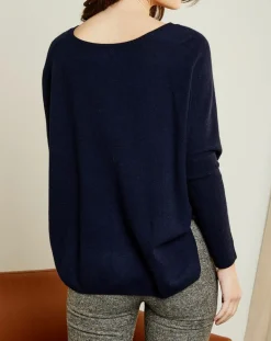 Miss Cashmere Pulls|Pull poncho 100% Cachemire Axelle Col V bleu marine