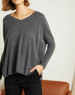 Miss Cashmere Pulls|Pull poncho 100% Cachemire Axelle Col V gris chiné foncé