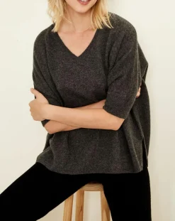 Uverny Pulls|Pull poncho 100% Cachemire col V Sevilla gris chiné foncé