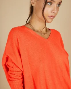 Cashmere Tribu Pulls|Pull poncho 100% Cachemire Emma col V corail fluo