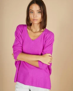 Cashmere Tribu Pulls|Pull poncho 100% Cachemire Emma col V violet fluo