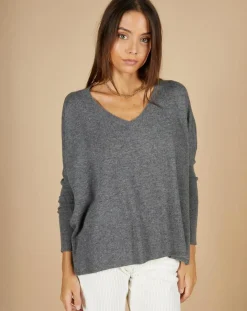 Cashmere Tribu Pulls|Pull poncho 100% Cachemire Emma col V gris chiné foncé