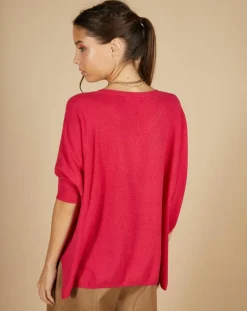 Cashmere Tribu Pulls|Pull poncho 100% Cachemire Kelly col V manches courtes fuschia