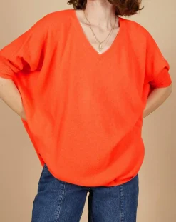 Cashmere Tribu Pulls|Pull poncho 100% Cachemire Kelly col V manches courtes corail fluo