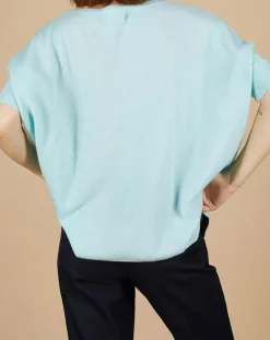 Cashmere Tribu Pulls|Pull poncho 100% Cachemire Kelly col V manches courtes bleu océan