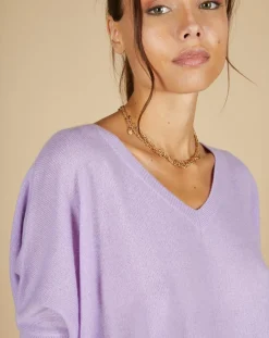 Cashmere Tribu Pulls|Pull poncho 100% Cachemire Kelly col V manches courtes lavande