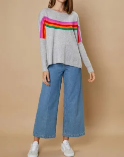 Cashmere Tribu Pulls|Pull poncho 100% Cachemire Rocky col rond à bandes gris chiné clair