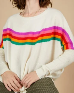 Cashmere Tribu Pulls|Pull poncho 100% Cachemire Rocky col rond à bandes blanc cassé