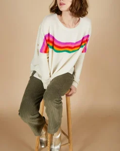 Cashmere Tribu Pulls|Pull poncho 100% Cachemire Rocky col rond à bandes blanc cassé