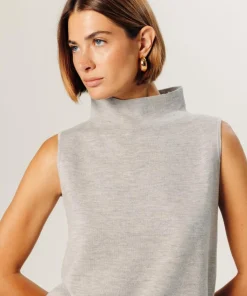 Rodier Pulls|Pull Yvonne 100% laine sans manches col montant gris clair