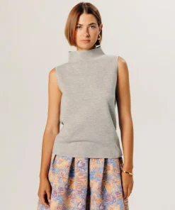 Rodier Pulls|Pull Yvonne 100% laine sans manches col montant gris clair