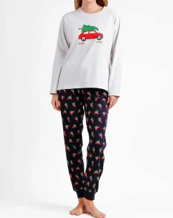 Admas Lingerie, Nuit|Pyjama Haut à manches longues & Pantalon Leila gris/bleu marine