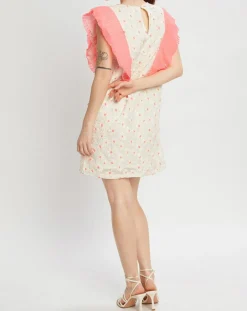 Manoush Robes|Robe brodée Daisy écru/rose fluo