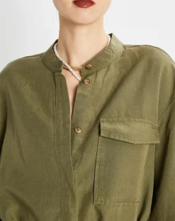 Marc O'Polo Robes|Robe Chemise en Lin mélangé Col Mao Tencel kaki