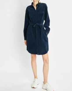 Marc O'Polo Robes|Robe Chemise en Velours côtelé ceinturé bleu marine