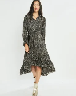 Lauren Vidal Robes|Robe en Soie mélangée Sasha imprimée jaipur noire