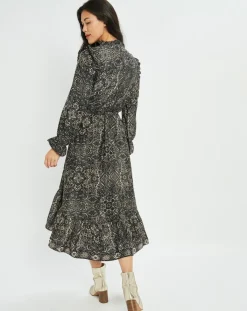 Lauren Vidal Robes|Robe en Soie mélangée Sasha imprimée jaipur noire