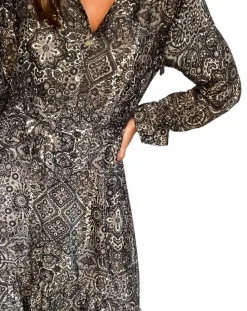 Lauren Vidal Robes|Robe en Soie mélangée Sasha imprimée jaipur noire