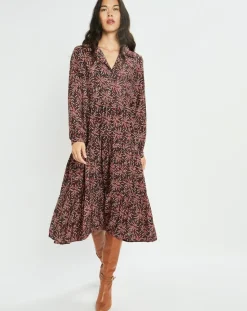 Lauren Vidal Robes|Robe en Soie mélangée Soan imprimée étoile rouge/noir