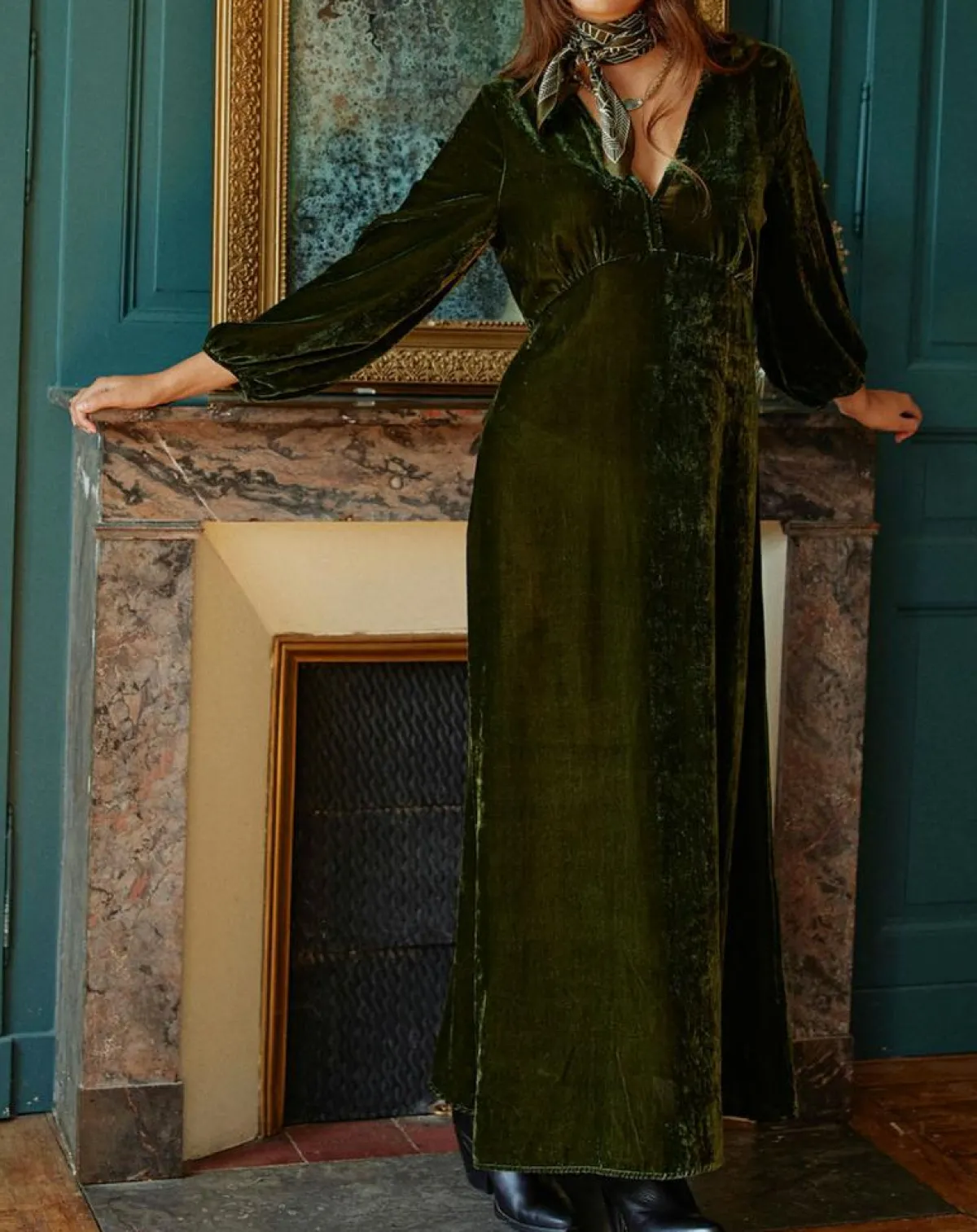 Lauren Vidal Robes|Robe en Velours Solo verte