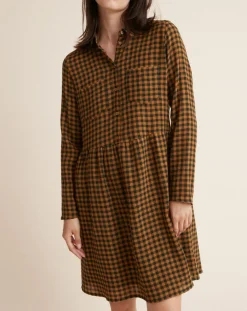 Cyrillus Robes|Robe Etamine Laine mélangée à carreaux vert moyen/camel