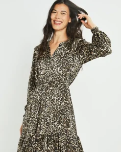 Lauren Vidal Robes|Robe fluide Store imprimée wild beige/noir
