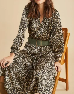 Lauren Vidal Robes|Robe fluide Store imprimée wild beige/noir