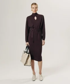 Rodier Robes|Robe longue Cali 100% Laine laine ceinture violet aubergine