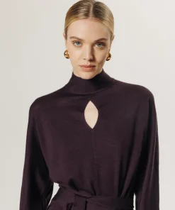 Rodier Robes|Robe longue Cali 100% Laine laine ceinture violet aubergine