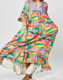 Manoush Robes|Robe longue Purple Country print bleu gris