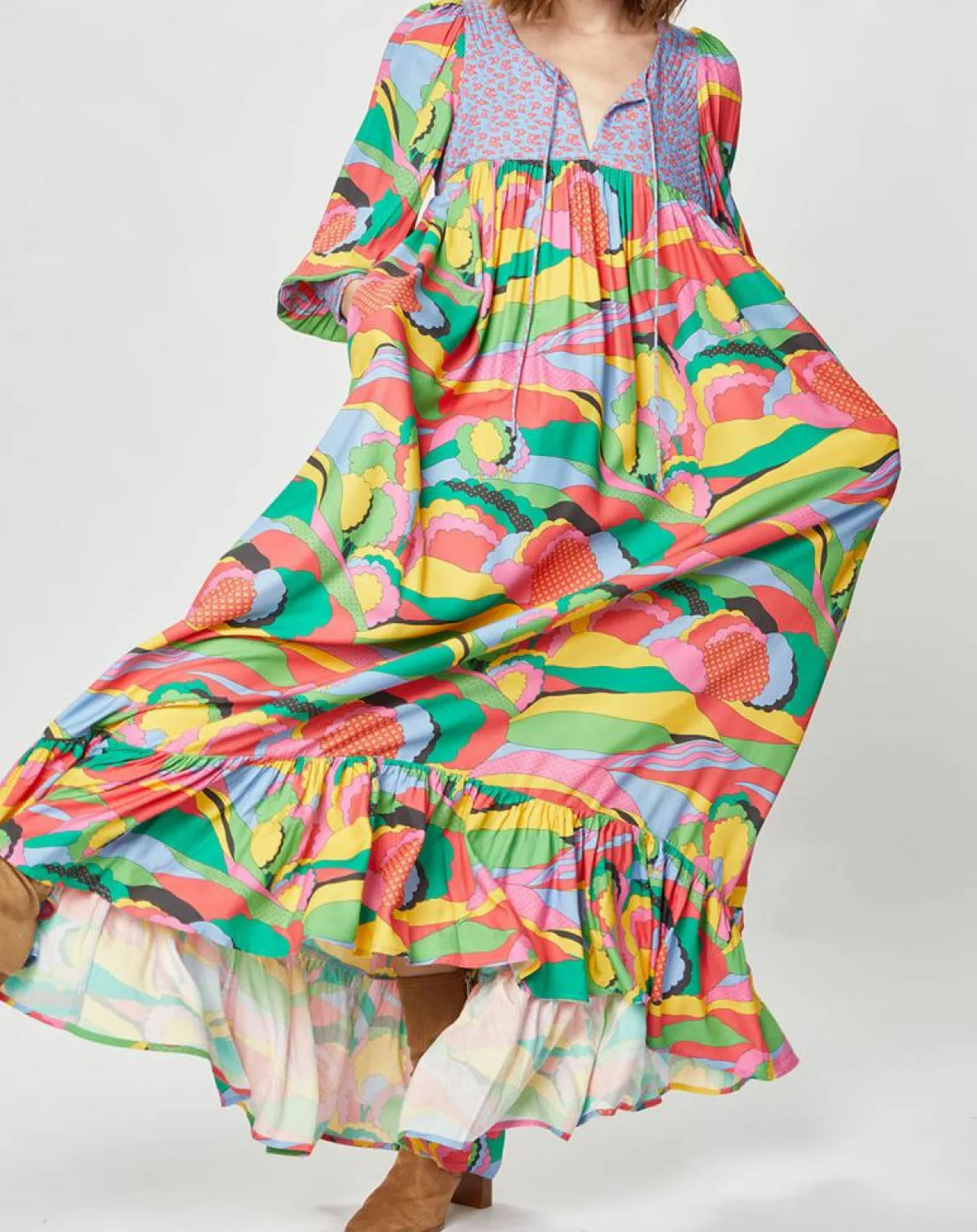 Manoush Robes|Robe longue Purple Country print bleu gris