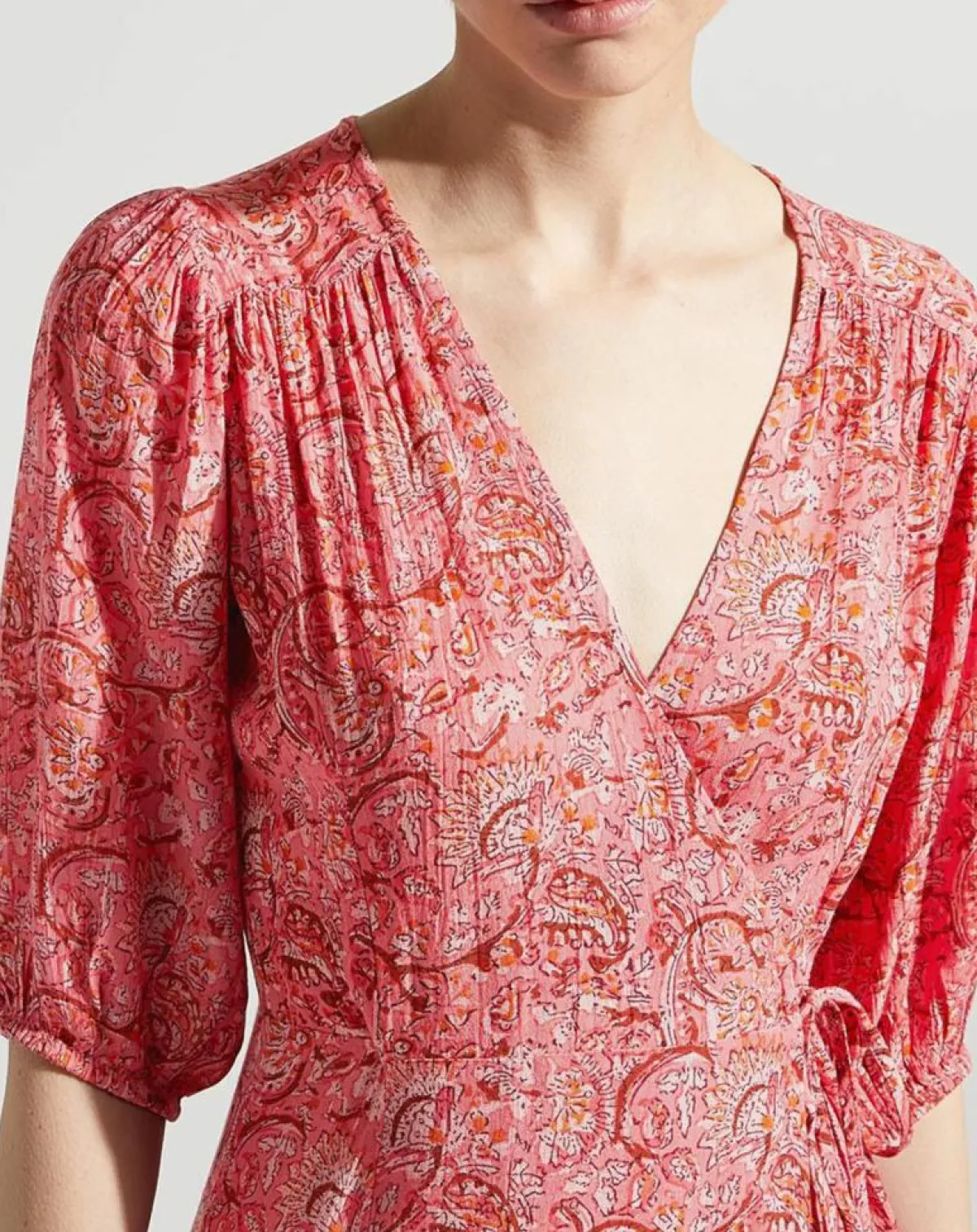 Garance Paris Robes|Robe midi portefeuille Nacre imprimée rose