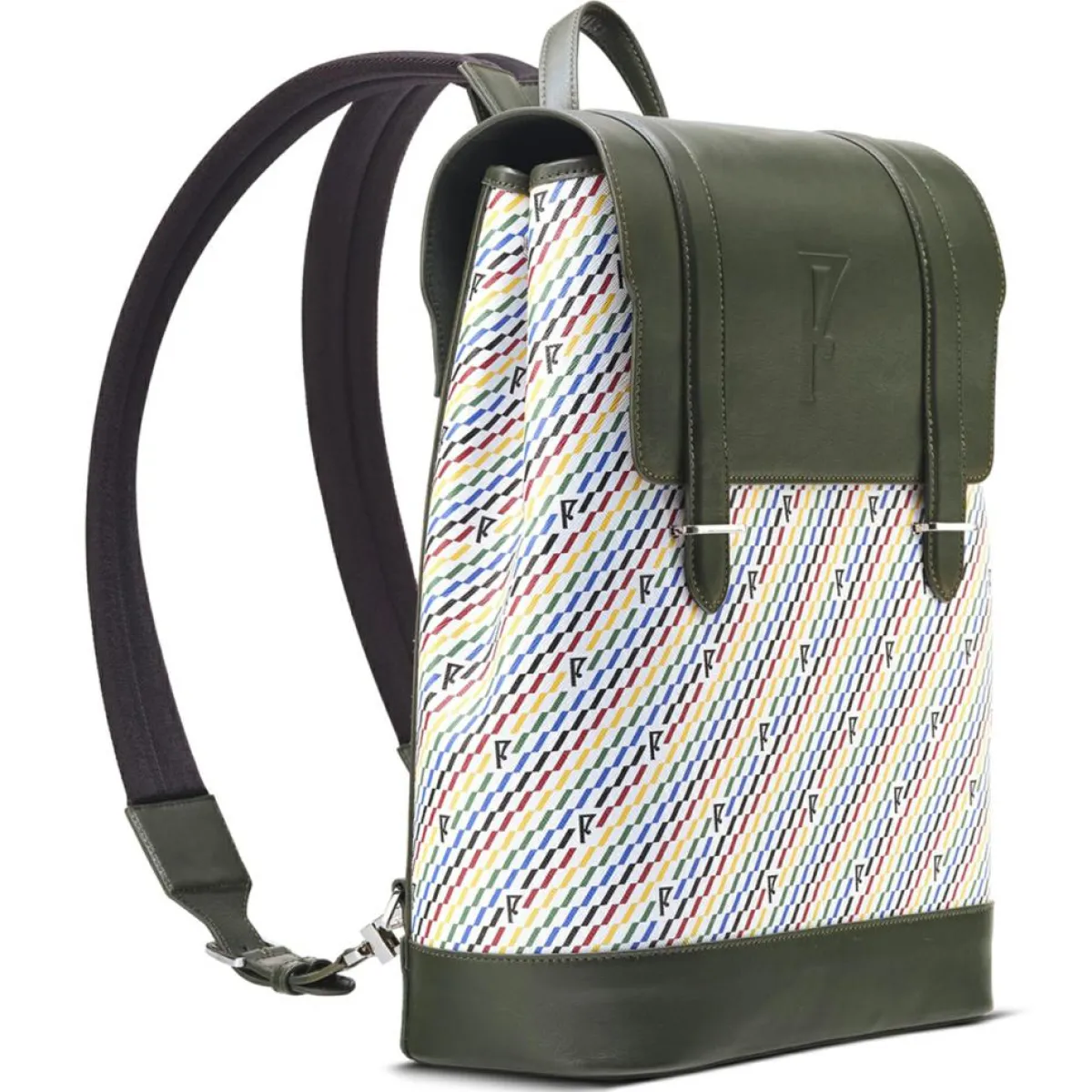 Maison Faret Sacs|Sac à dos en Toile enduite & Cuir Ferret vert/multicolore - 40x29x13 cm