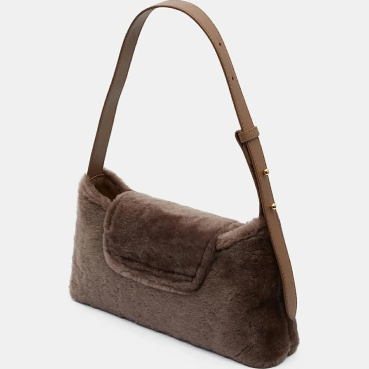 Elleme Sacs|Sac enveloppe en Cuir & Peau Shearli marron foncé 16x28x6 cm